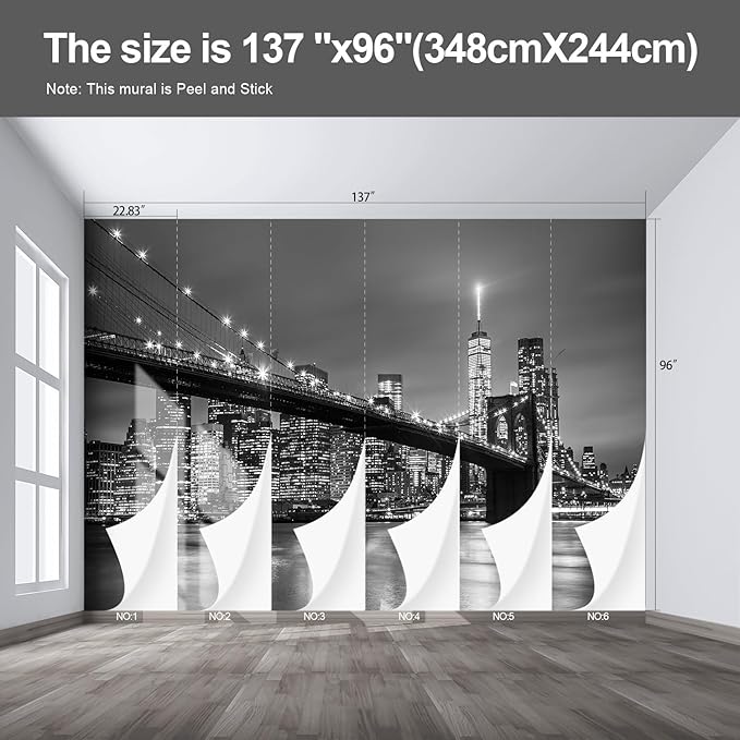 Gray Brooklyn Bridge at Night NYC Wall murals New York Peel and Stick Wallpaper for Bedroom Living Room - 96"x137"