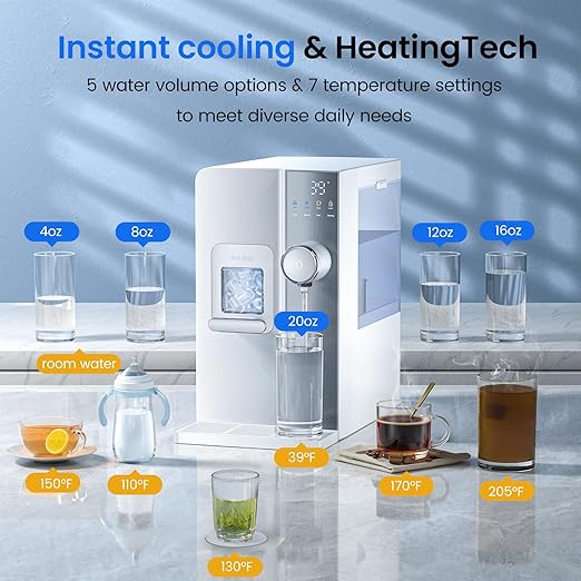 Ice Maker Water Filter Dispenser, 3 in1 Countertop Instant Hot & Cold Water -7 Stage Purification with Remineralization 7 Temperature & 5 Dispensing Volume Options Portable No Installation.