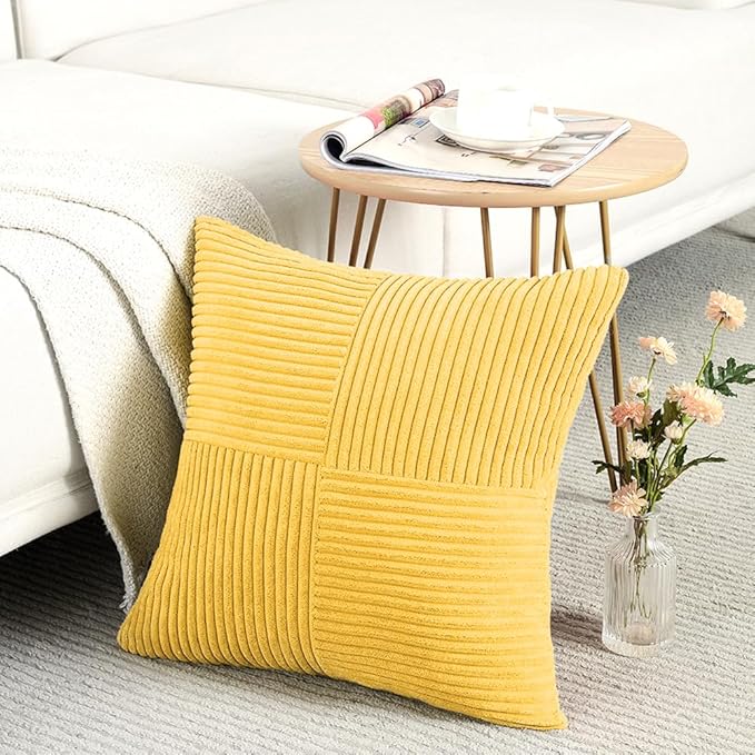 Fancy Homi 2 Packs Yellow Decorative Throw Pillow Covers 22x22 Inch for Living Room Couch Bed Sofa, Rustic Farmhouse Boho Home Decor, Soft Corss Corduroy Patchwork Accent Square Cushion Case 55x55 cm