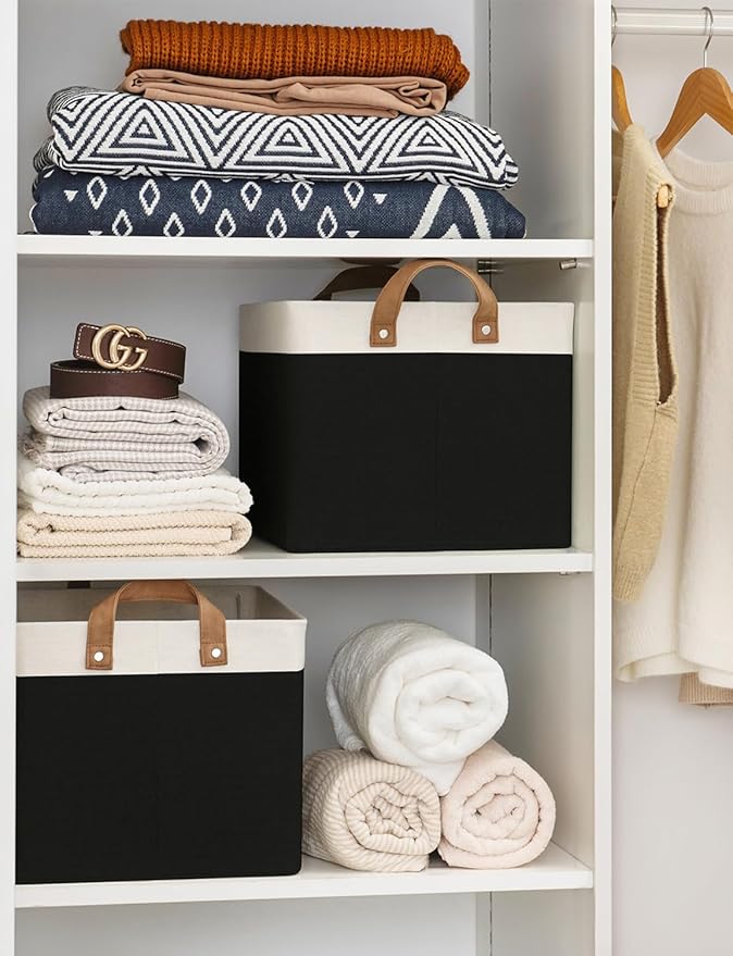 StorageWorks Storage Bins, Fabric Storage Bins for Shelves, Large Storage Baskets with Metal Frame, Closet Baskets and Bins with Handles, Black and White, 2-Pack