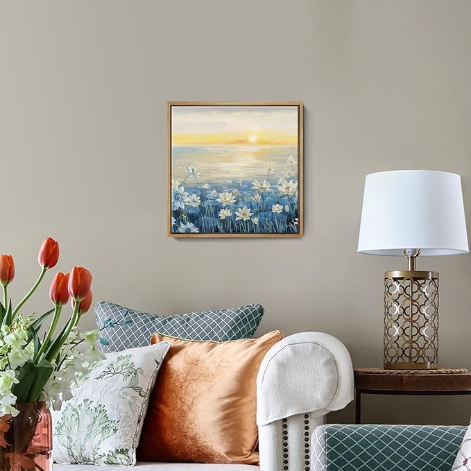 Bathroom Decor Wall Art-Framed Canvas Wall Art Modern Beach Coastal Floral Sunset Boho Ocean Artwork Blue Yellow Lotus Flower Zen Wall Picture for Bedroom Kitchen Office Small