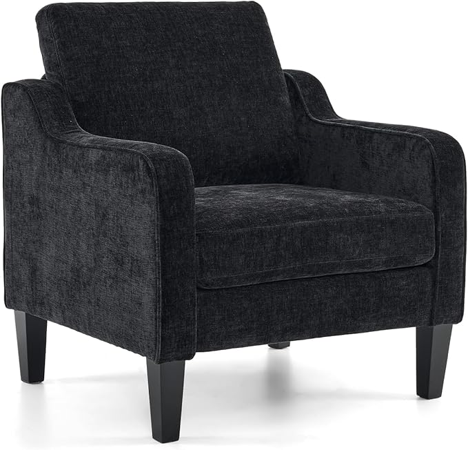 VINGLI Mid Century Modern Accent Chairs, Black Soft Chenille Reading Chair Upholstered Armchair Side Chairs Sofa Couches for Living Room, Bedroom, Apartment