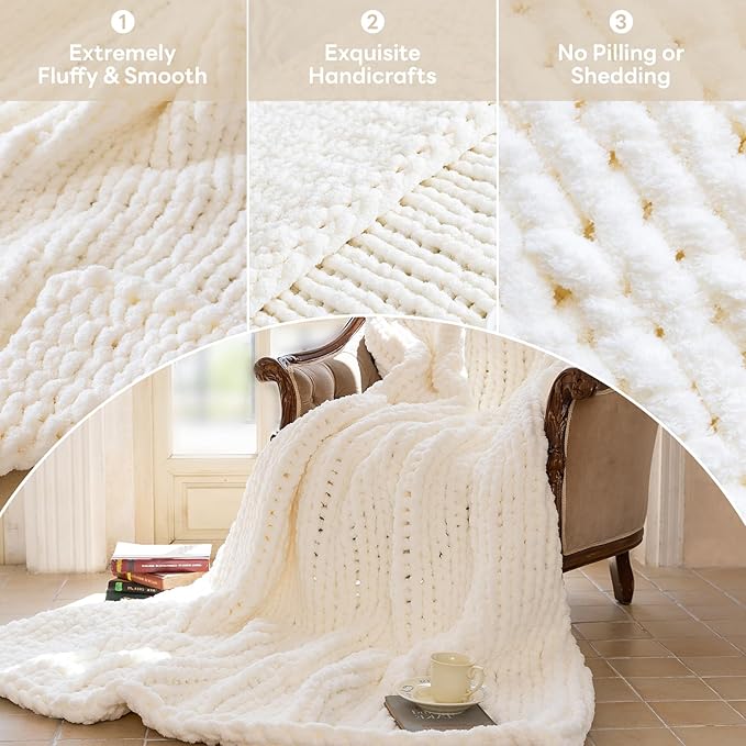 Chunky Knit Blanket - Luxury Soft Cozy 40 * 50 Throw Blanket,100% Woven Blanket Rope Knot Throw Blanket for Couch, Sofa, Home Decor, Gift - Machine Washable（Milk White）
