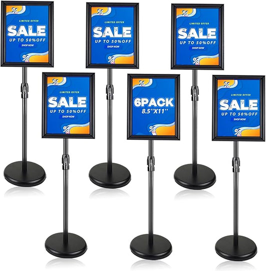 6 Pack Sign Holder Stand - 8.5 ×11 inch Standing Display Sign Stand, Adjustable Poster Sign Holder Heavy Duty Pedestal Floor Sign Stand, Snap Open Frame for Vertical & Horizontal View, Black