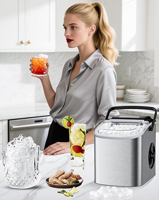 Ice Maker Machine Countertop 26lbs/24H, Portable Quiet Ice Makers Cubes in 9PCS/7Min, Self Cleaning, Ice Maker with Scoop for Kitchen, Home, Party