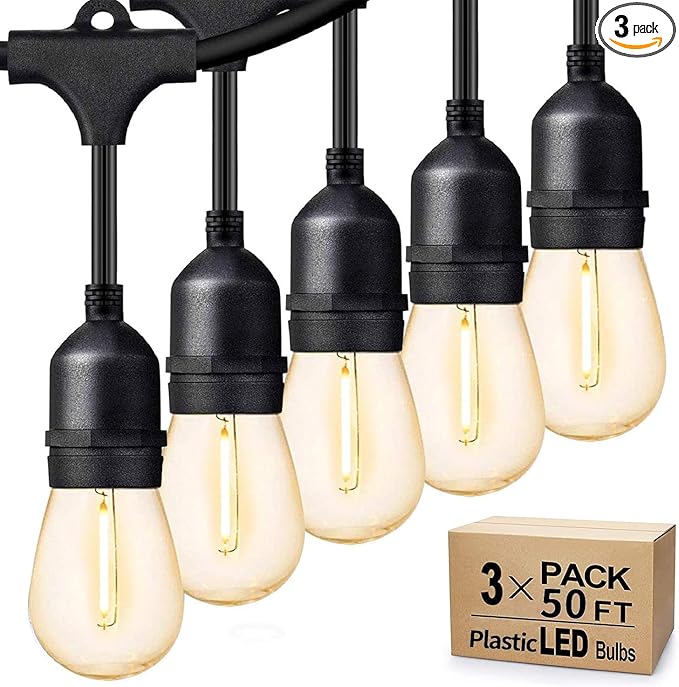 Svater Outdoor String Lights 150FT, E26 Socket, 48pcs S14 Shatterpoof Bulbs, 1 Watt Dimmable 2700K Warm White, IP65 Waterproof Commercial Grade Patio Lights（3 Pack X 50FT）