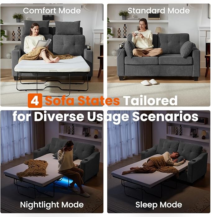 Pull Out Sofa Bed, Full Size Sleeper Sofa, 2-in-1 Convertible Corduroy Couch with USB Charging, Memory Form Couch for Living Room, Apartment and Small Space (Dark Grey, Corduroy - Full Size)