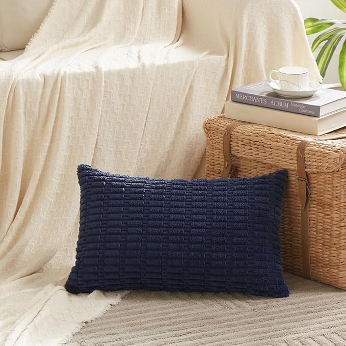 Fancy Homi 4 Packs Navy Blue Decorative Throw Pillow Covers 14x24 Inch for Living Room Couch Bed Sofa, Rustic Modern Farmhouse Boho Home Decor, Soft Plush Corduroy Cute Square Cushion Case 35x60 cm