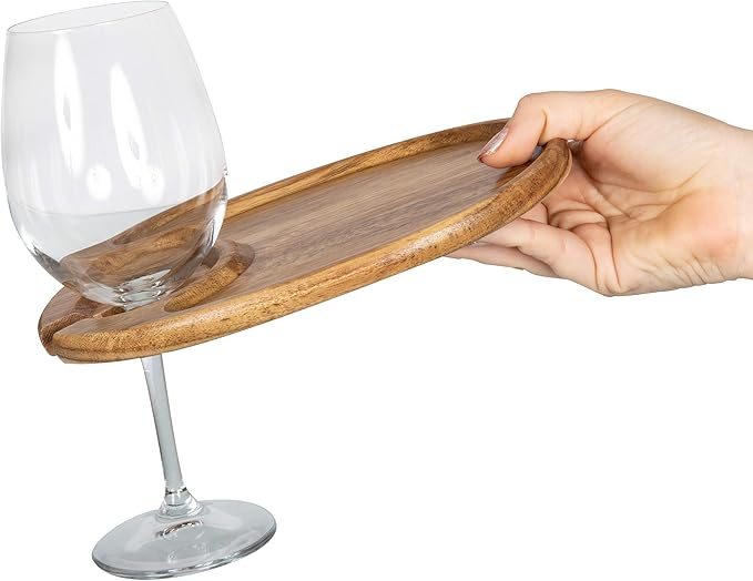 PICNIC TIME TOSCANA -Wine Appetizer Plates, Cocktail Plate with Glass Holder, Cheese Board with Wine Holder, (Acacia Wood), 9 x 6, Set of 4