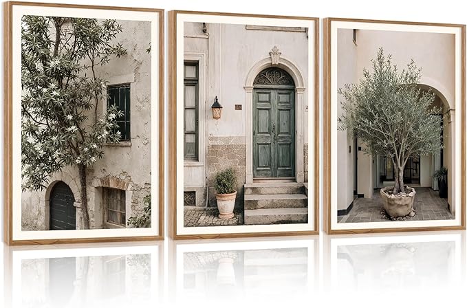 HPNIUB Large Vintage Italy City Landscape Framed Canvas Wall Art Set, Olive Green Tree Country Wall Decor, Modern Minimalist Countryside Villages Picture for Living Room,Bedroom,Office-16 x24 x3