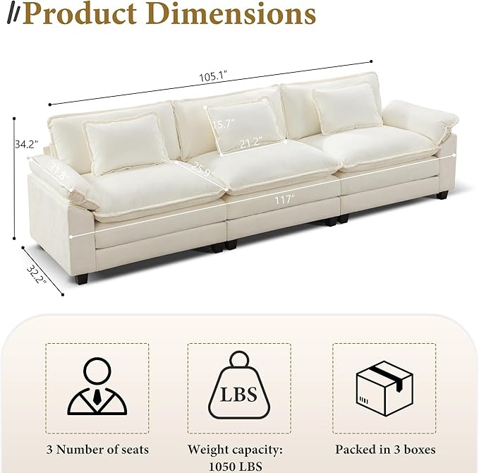 URRED Modular Sectional Sofa Comfy Cloud Couch, Modern Chenille Sofa Sleeper Deep Seat Couches with Ottoman/Pillows for Living Room (White, 117'')