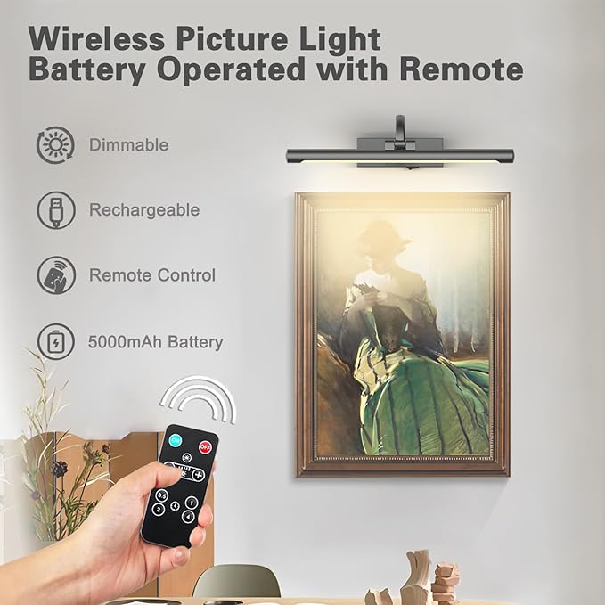 Battery Operated Picture Lights for Wall, Wireless Painting Lights Dimmable Artwork Lighting with Remote and Timer, Rechargeable Art Lights for Paintings-Brushed Grey 16'' inch Warm White