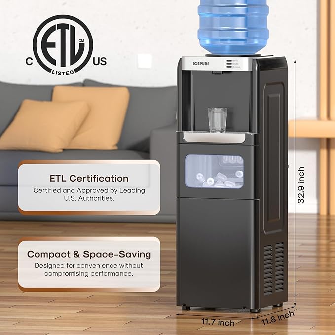 ICEPURE 3-in-1 Water Dispenser with Ice Maker, Water Cooler Dispenser for 5 Gallon Bottle Built-in Bullet Ice Maker Top Loading, Hot and Cold Water Dispenser for Home/Office, 33lbs/24H, Child Lock