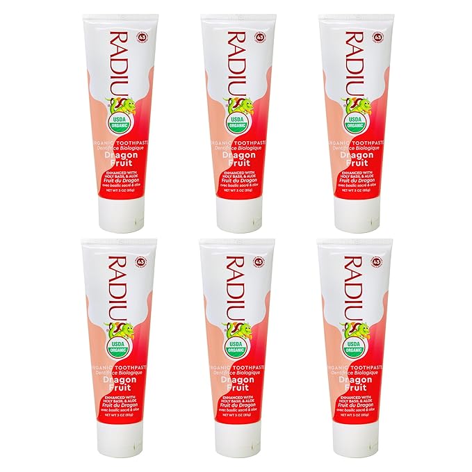 RADIUS USDA Organic Kids Toothpaste 3oz Non Toxic Chemical-Free Gluten-Free Designed to Improve Gum Health for Children's 6 Months and Up - Dragon Fruit - Pack of 6