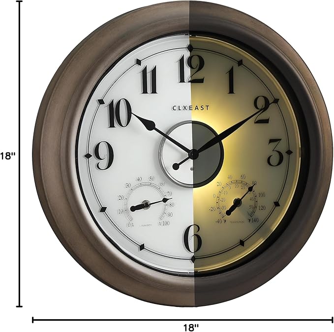 CLXEAST Illuminated Outdoor Clocks Waterproof 18 Inch with Smart Sensor,Large Outdoor Pool Clock with Temperature & Hygrometer,Grey Oak/Faux Barnwood,House Warming Gifts New Home