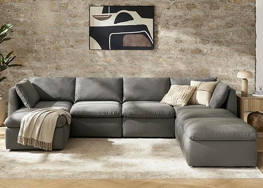 mopio Oversized Modular Sectional Sofa with Fully Removable Covers and Storage, Convertible U, L-Shaped and Sleeper Sectional, Modern Couches with Ottoman Chaise (Stone Gray Fabric, 7 Seats, U)
