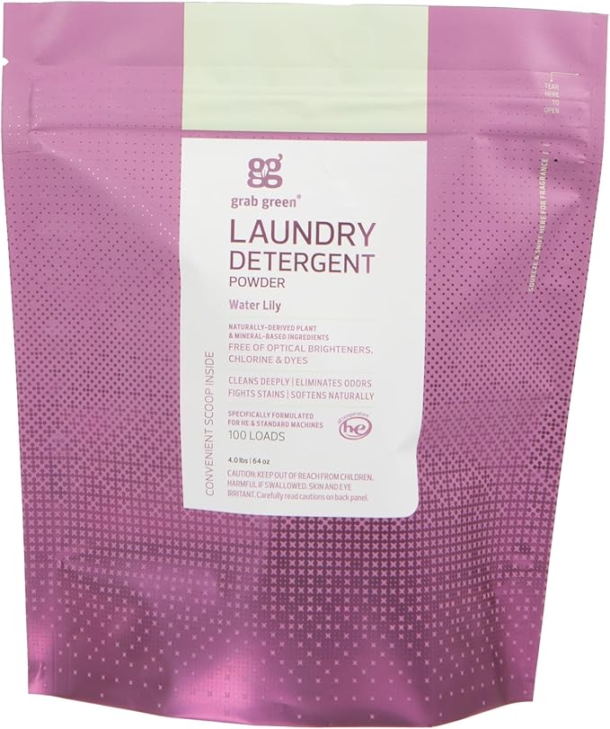 Grab Green Natural 3-in-1 Laundry Detergent Powder, Water Lily, 100 Loads