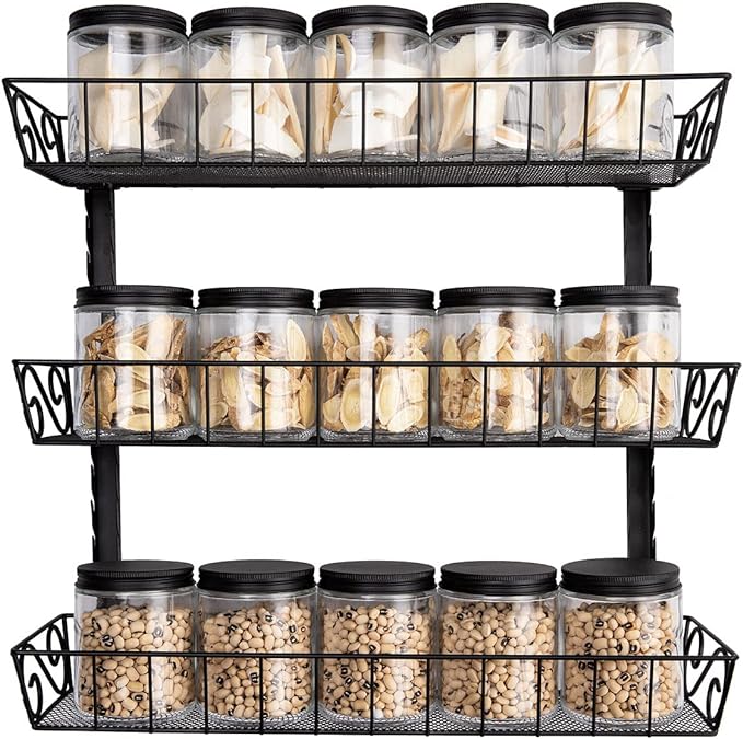SWOMMOLY Adjustable Wall Mount Spice Rack, 3-Tier Dual-use (Multi-use) Organizer, Black