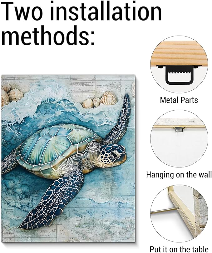 Coastal Sea Turtle Canvas Wall Art Turtle Nautical Ocean Theme Print Poster Framed Picture Painting for Home Beach House Bedroom Wall Decor 8x10 Inch