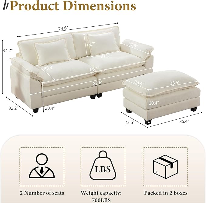 URRED Modular Sectional Sofa Comfy Cloud Couch, Modern Chenille Sofa Sleeper Deep Seat Couches with Ottoman/Pillows for Living Room (White, 82.6''- L Shape)