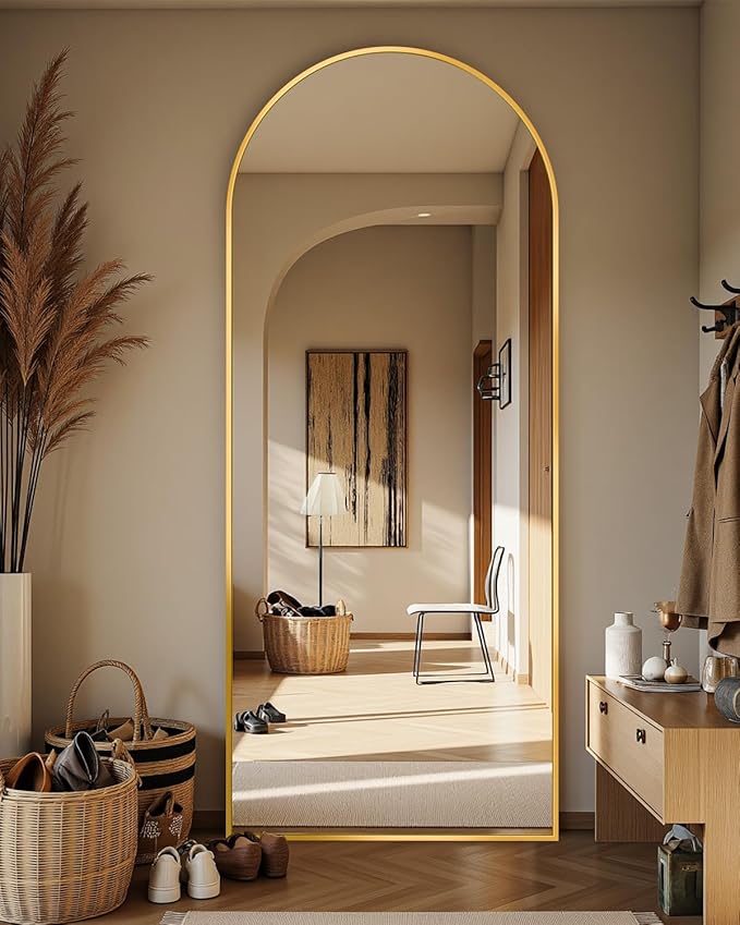 64"x21" Full Length Mirror, Arched Full Body Mirror, Standing Hanging or Leaning Floor Mirror for Bedroom and Living Room, Gold