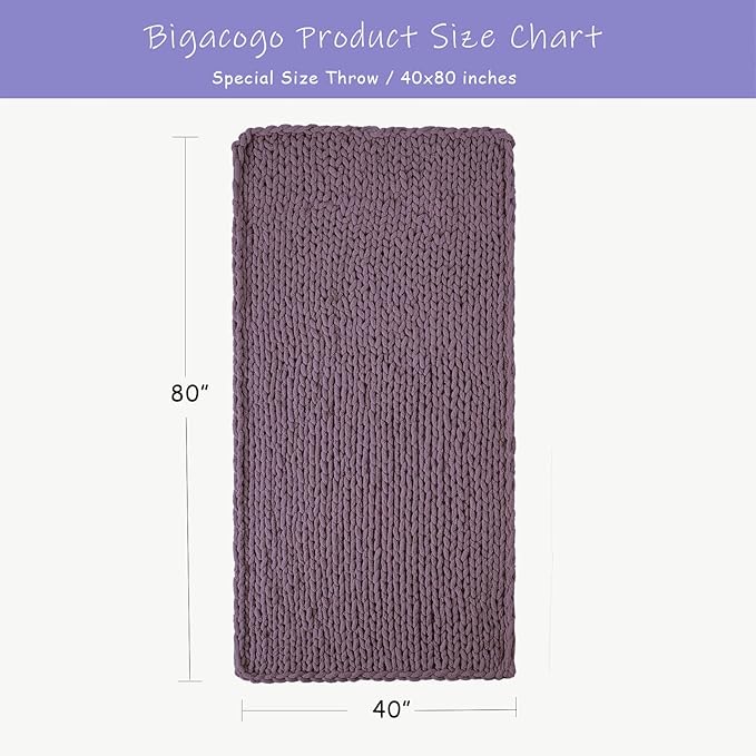 Bigacogo Chunky Knit Throw Blanket for Couch, 40x80 inches, 100% Hand Knitted with Thick Jumbo Chenille Yarn, Cozy Soft Large Rope Knot Cable Crochet Blankets for Sofa Bed Living Room, Winter Grape