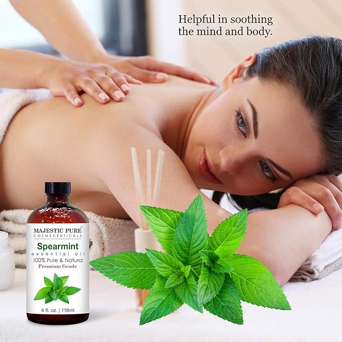 Majestic Pure Spearmint Essential Oil with Glass Dropper - Huge 4 Fl Oz - 100% Pure and Natural Spearmint Oil - Premium Grade Essential Oils for Diffuser, Aromatherapy, Soap and Candle Making