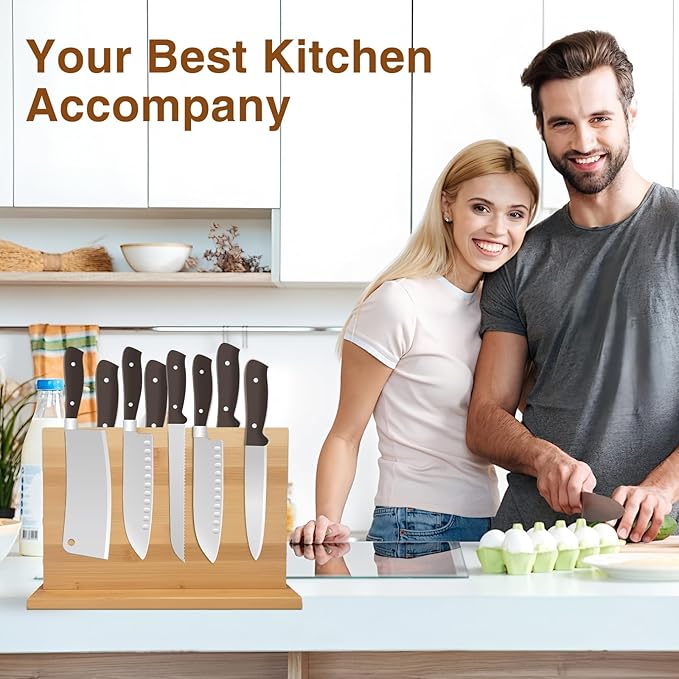 Magnetic Knife Block 28 x 19 Inches, Double Sided Magnetic Knife Holder Rack for Kitchen Counter, Acacia Wood Magnetic Knife Storage Stand with Knife Sharpener