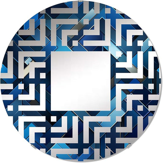 Symmetric Cubes in Deep Cobalt Blue - Geometric Maze - 24 Inches - Round Decorative Wall Mirror for Bathroom, Bedroom, Entryway, Living Room, Vanity Room and Modern Décor