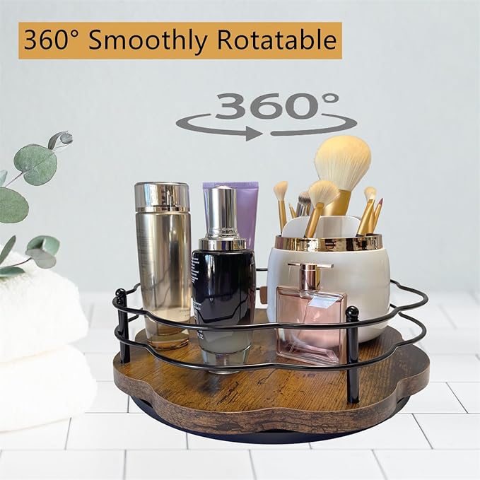 12" Lazy Susan Turntable Organizer with Higher Metal Sides, Wooden Lazy Susan Spice Rack Organization and Storage for Cabinet,Kitchen,Countertop,Table Top,Dining Table,Coffee Bar Decor