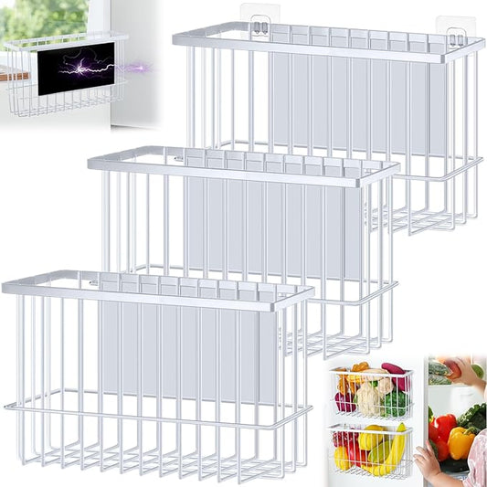 3 Pcs Magnetic or Adhesive Refrigerator Organizer Magnetic Baskets Kitchen Holder for Refrigerator Metal Shelf Rack Storage with 2 Types of Installation(White)