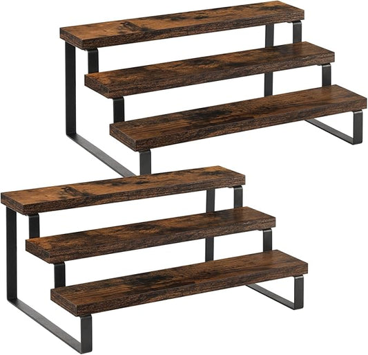 YINMIT Wooden Display Riser Stand, Tiered Perfume and Cologne Organizer Stand, 3 Tier Spice Rack Organizer, Rustic Display Shelf for Candles (3 Tier, 2 Pack)