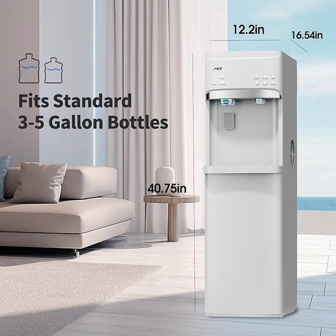 IKT Self-Cleaning Hot Cold and Room Water Cooler Dispenser and Maker Bottom Loading for 5 Gallon Bottle with Energy Saving Mode 22lbs Within 24hrs White