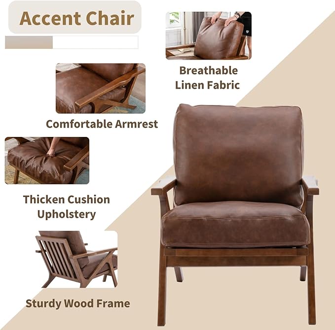 Mid Century Modern Accent Chair with Ottoman, Farmhouse PU Upholstered Living Room Armchair and Ottoman Set, 23" Seat Wide Retro Leisure Lounge Chair with Wood Frame for Home, Bedroom, Office, Brown