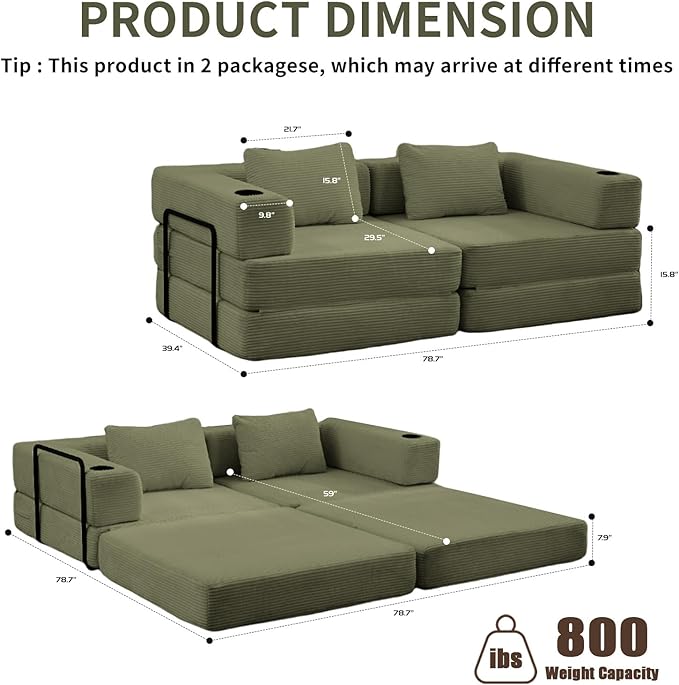 78" W Loveseat Sofa, 4 in 1 Convertible Floor Sofa Bed, Boneless Cloud Couch with Cup Holder, Fold Out Floor Couch, Loveseat Recliner Sleeper for Living Room Bedroom Lounge(Corduroy, White)