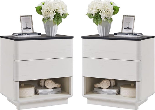 Nightstand Set of 2 with Charging Station, 22" Large Modern Bedside Table with 2 Drawers Storage,Push-to-Open End Table for Bedroom,Living Room,Off White