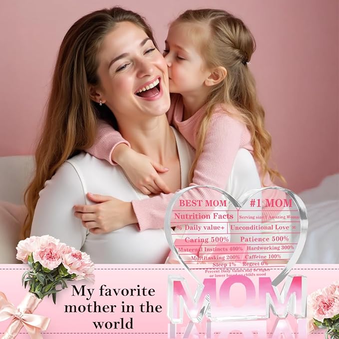 Mothers Day Gifts Best Mom Gifts -Gifts for Mom from Daughter Son - Best Mom Ever Gifts Unique Mother Birthday Acrylic Heart-Shaped Plaque Desk Decorations Present for Mom Christmas Anniversary