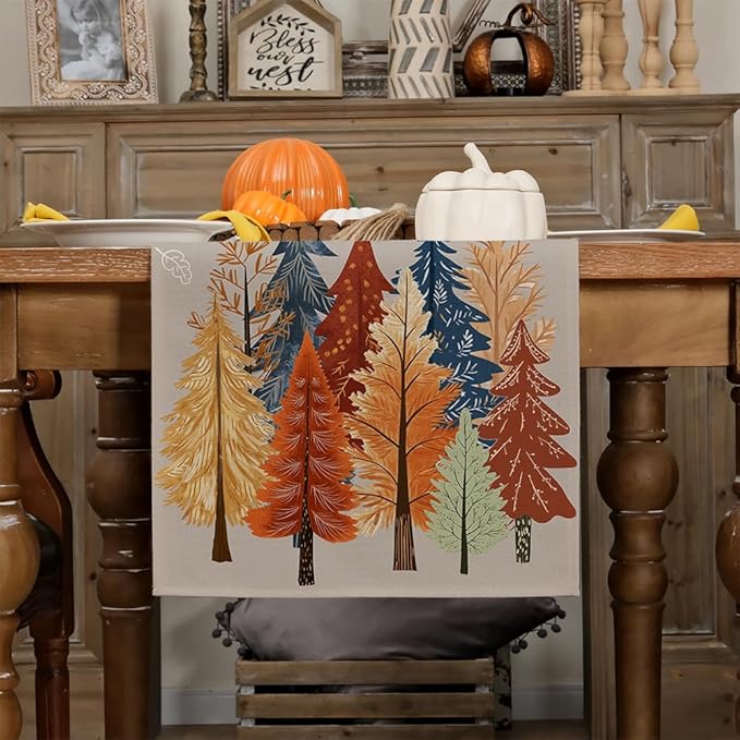 GEEORY Fall Watercolor Trees & Maple Leaves Table Runner 13x72 Inch, Rustic Farmhouse Autumn Thanksgiving Decor for Kitchen, Dining, Indoor/Outdoor Holiday Dinner Party Orange Grey GT159-72