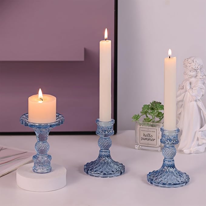 12Pcs 4" H Aqua Blue Candlestick Holders Set- Taper Candle Holders Bulk, Glass Candle Holders for Wedding, Party, Romantic Dinner Table Centerpieces, Festival Gifts & Windowsill Decor
