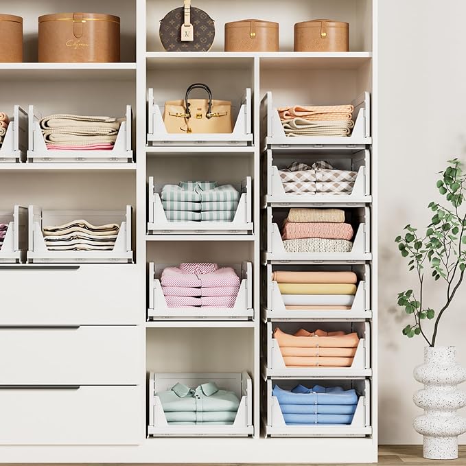 6 Pack Stackable Closet Storage Basket - Stackable Storage Bins, Multifunctional & Foldable Closet Organizer, Wardrobe Storage Space-Saving Clothes Storage Drawer Organizer, White