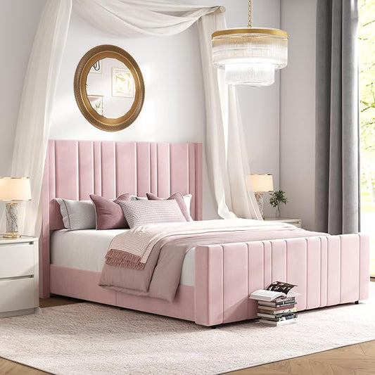 HOMBCK Pink Full Size Bed Frame Upholstered Bed with Velvet Tufted Headboard & Footboard, Mattress Foundation/Wooden Slats/Noise Free/No Box Spring Needed/Easy Assembly