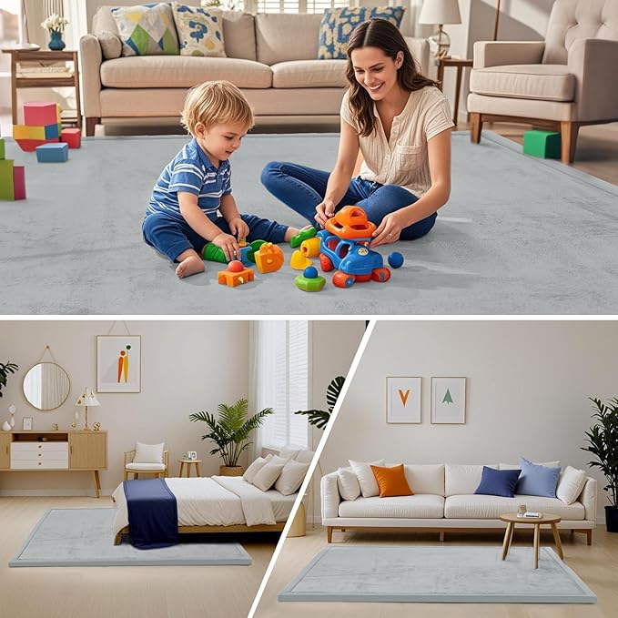ACOMOPACK Baby Play Mat for Floor,1.3" Thick Memory Foam Area Rug for Living Room,Soft Velvet Crawling with Non-Slip Bottom for Kid,Toddler,79"×118" Tummy Time Nursery Rugs,Yoga（Light Grey）
