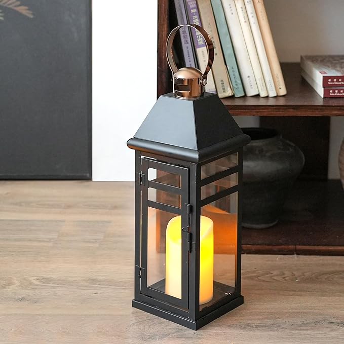 TRIROCKS Decorative Vintage Candle Lanterns 15.5" H Farmhouse Outdoor Hanging Lanterns with Tempered Glass for Porch, Balcony, Patio, Home, Centerpieces, Indoor, Outdoor(Black with Gold top)