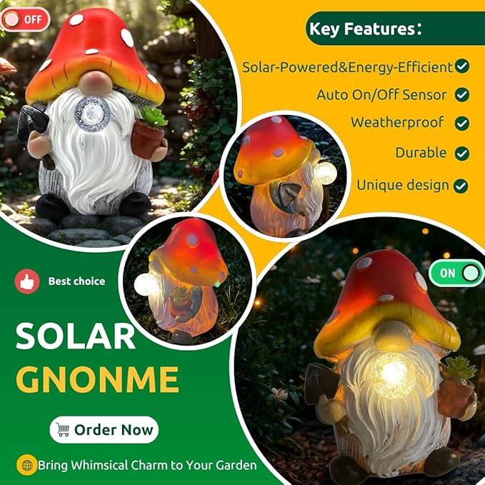 Solar Mushroom Gnomes Garden Statues Outdoor Decor with Night Glow,Cute Fairy Garden Statues for Yard,Pathway,Lawn Art Ornamen,Spring,Easter,Birthday Christmas Women Mom Gift Idea (Red)