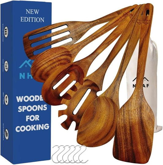 Wooden Utensils for Cooking, Premium Teak Healthy Spoons, Wooden Spoons for Cooking, Durable Eco-Friendly and Safe Teak Cooking Spoon, Cooking Gifts for Mom (set of 6) and Hooks