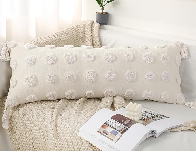 PANOD Decorative Long Lumbar Pillow Cover 16x36 Boho,Super Soft Chenille Extra Long Lumbar Pillow Case Cover with Tassel for Bed Sofa Couch Farmhouse Livingroom,White,Modern Skinny