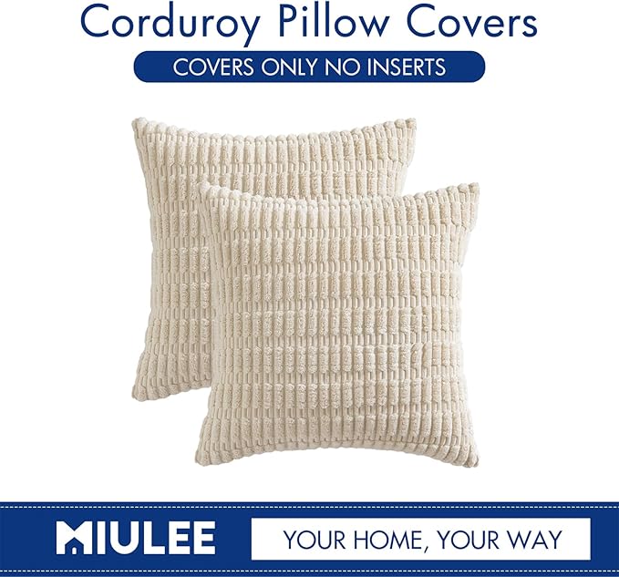 MIULEE Pack of 2 Corduroy Decorative Throw Pillow Covers 18x18 Inch Soft Boho Striped Pillow Covers Modern Farmhouse Home Decor for Sofa Living Room Couch Bed Cream White
