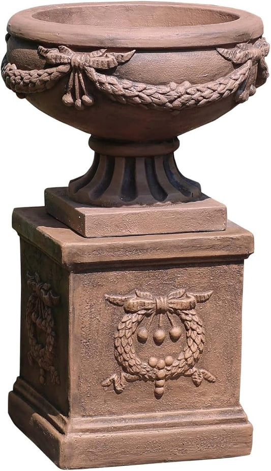 Vintage Garden Urn Planter with Pedestal, Cement and Fiber, Maked Bronze Color, Decorative Leaf Pattern, 30 Inch Height, Wrap Foam Safely Delivered from Local Warehouse (Bronze)