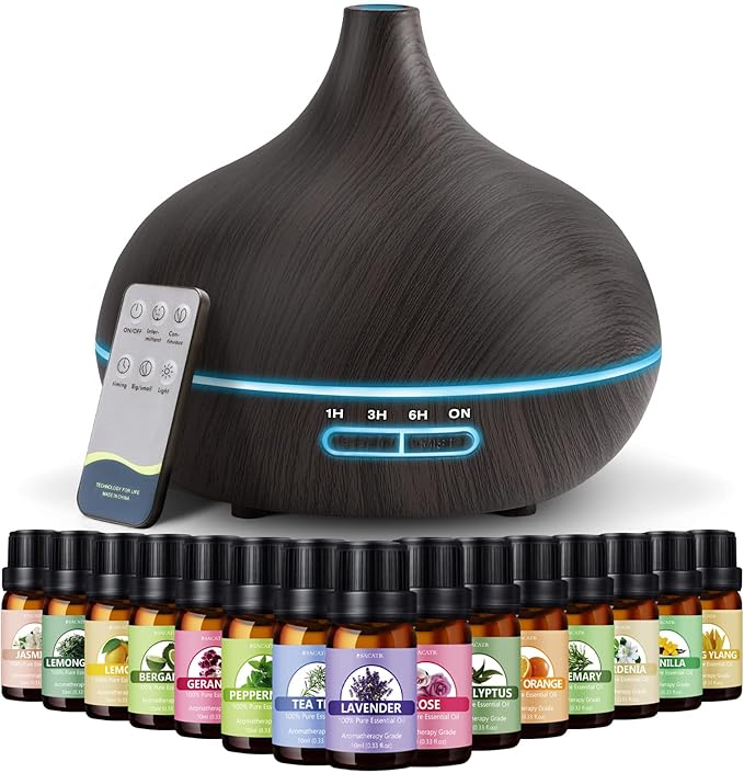 SACATR 550ml Aromatherapy Diffuser with 15x10mL Essential Oils, Ultrasonic Technology, Remote Control for Home Office