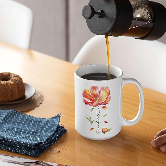 Personalized Flower Blossom Decorative Mug, Custom Name On Flower Coffee Cup, Novelty Floral Accent Mug 11oz 15oz, Customized Flower Lover Ceramic Cup, Gift For Friend Coworker
